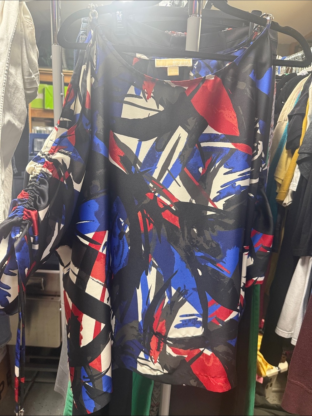 Michael Kors Abstract Brushstroke Blouse in Black, Blue & Red